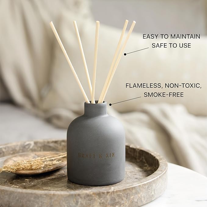 Craft & Kin Reed Diffuser for Home & Bathroom – Santal Woods Holiday Reed Diffuser Set with Fragrance Sticks, Long-Lasting Alcohol-Free Winter Scent, Earthenware Collection, 6.7oz