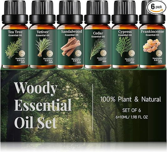 6 Pack Pure Woody Essential Oils Set, Natural Sandalwood, Cedarwood, Tea Tree, Cypress, Frankincense, Vetiver for Aromatherapy Diffuser, Meditation, Candle & Soap Making, 6x10ml