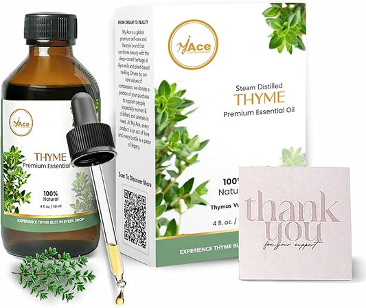 My Ace Pure & Natural Thyme Essential Oil – Steam-Distilled Thymus Vulgaris | 100% Natural Oil for Diffuser, Aromatherapy, Hair & Skin Care, Massage, Soap & Candle Making – 4 fl oz with Dropper