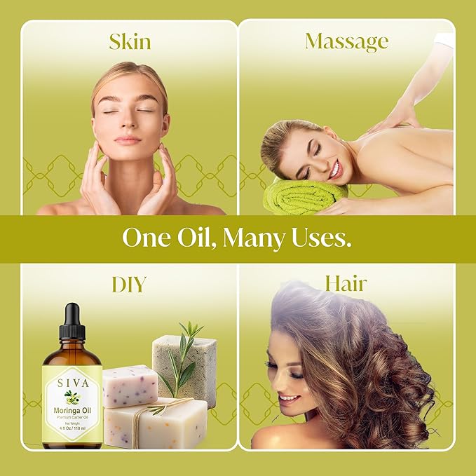 Siva Moringa Carrier Oil 4oz (118 ml) Premium Cold-Pressed 100% Natural Carrier Oil with Dropper for Skin Care, Hair Care, Scalp Massage & Body Massage