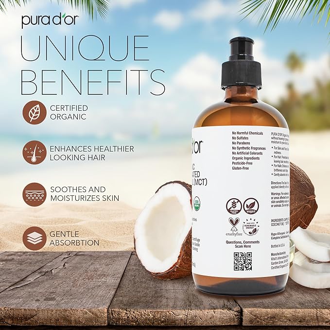 PURA D'OR ORGANIC Fractionated Coconut Oil MCT Oil (16.9 Oz GLASS BOTTLE) 100% Pure & Natural USDA Certified Cold Pressed - Unscented, Hexane Free Moisturizer For Face, Skin & Hair Tonic - Men & Women