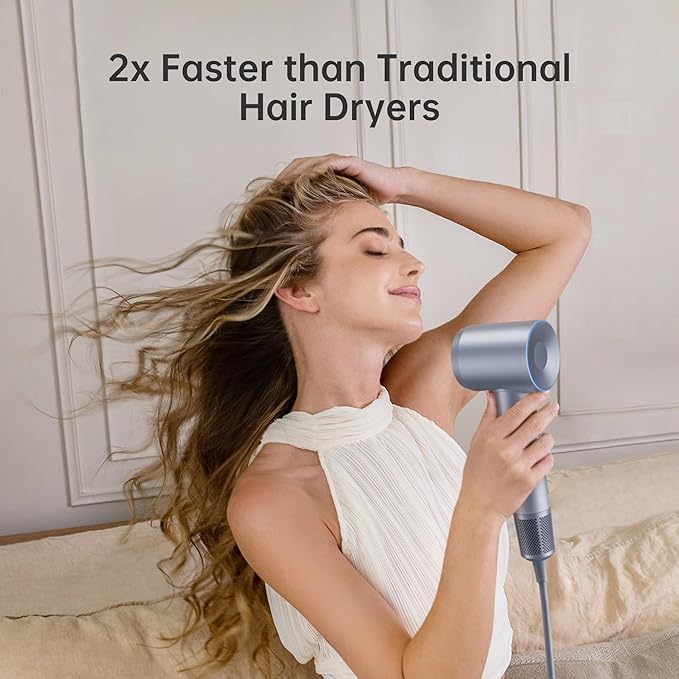 Laifen Hair Dryer, Negative Ionic Blow Dryer with 110, 000 RPM Brushless Motor for Fast Drying, High-Speed Low Noise Thermo-Control Hairdryer with Magnetic Nozzle, for Home, Travel(Silver Blue)