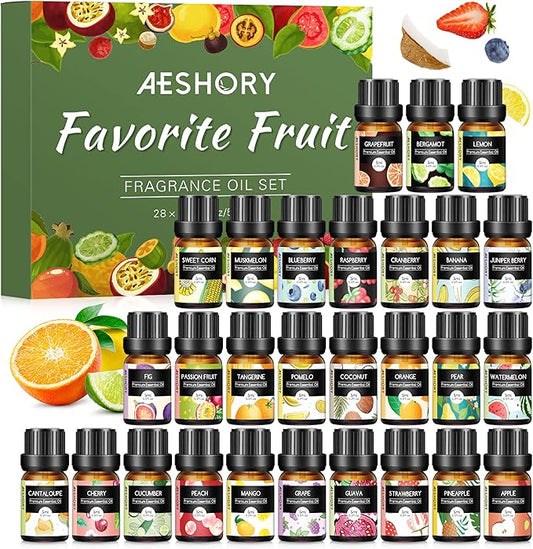 Fruity Essential Oils Set - Top 28 Fruit Fragrance Oil for Candle Making, Diffusers - Strawberry, Apple, Pineapple, Cucumber Melon, Cherry, Mango, Lemon, and Orange Scented Aromatherapy Oils