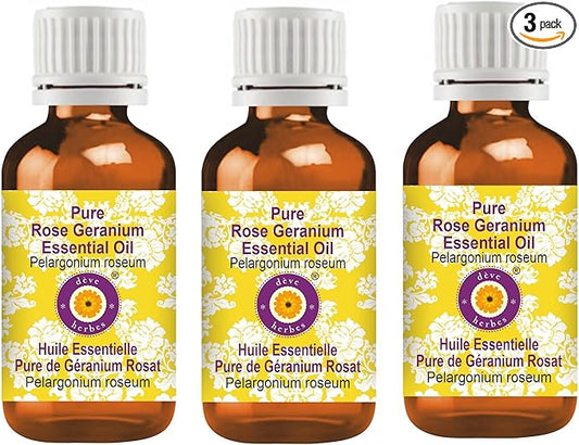 Deve Herbes Pure Rose Geranium Essential Oil (Pelargonium roseum) Steam Distilled (Pack of Three) 100ml X 3 (10 oz)