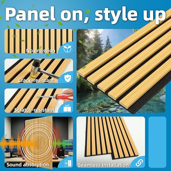 Art3d 6-Piece Wood Slat Acoustic Panels for Stylish Decor and Noise Reduction, 3D Textured Panel for Ceiling and Wall, Bamboo-Hued