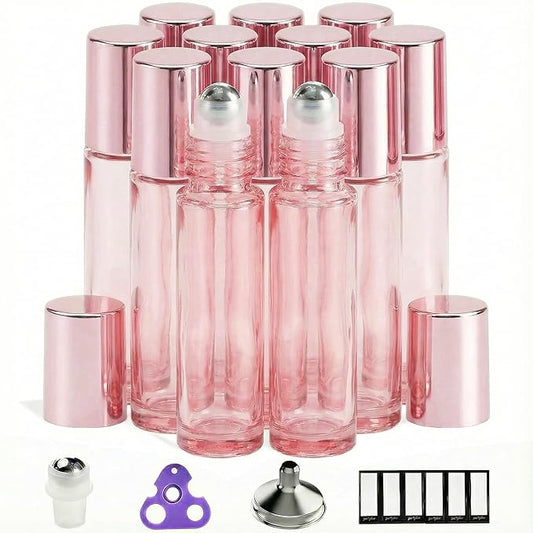 PrettyCare 12 Pack, 10 ml Essential Oil Roller Bottles with Stainless Steel Roller Ball - Refillable Leak-proof Empty Thick Pink Glass Roll on Bottles with Pink Caps for Travel, Perfume