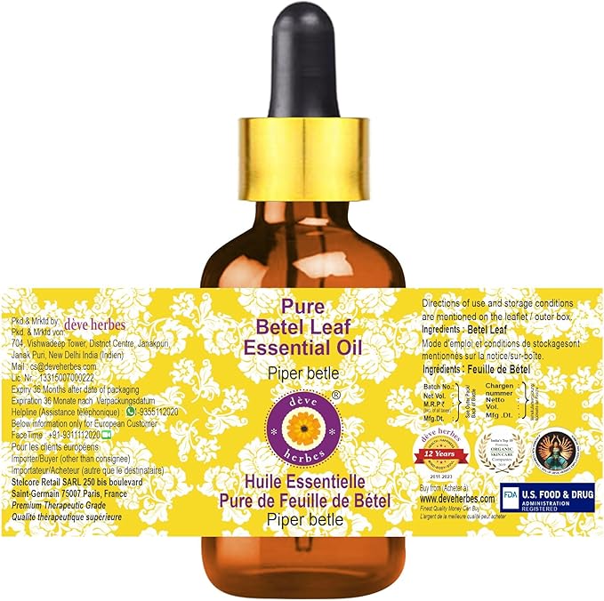 dève herbes Pure Betel Leaf Essential Oil (Piper betle) with Glass Dropper Steam Distilled 2ml (0.06 oz)