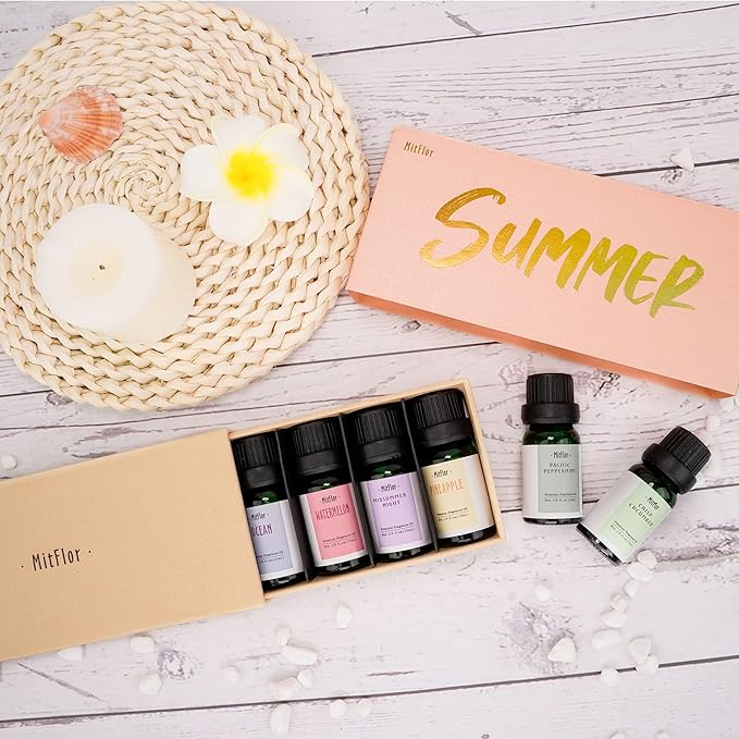 Summer Essential Oils for Diffusers for Home, MitFlor Fragrance Oil Set, Soap & Candle Making Scents, 6x10ml with Ocean, Midsummer Night, Pineapple and More, Aromatherapy Diffuser Oil Gift Set