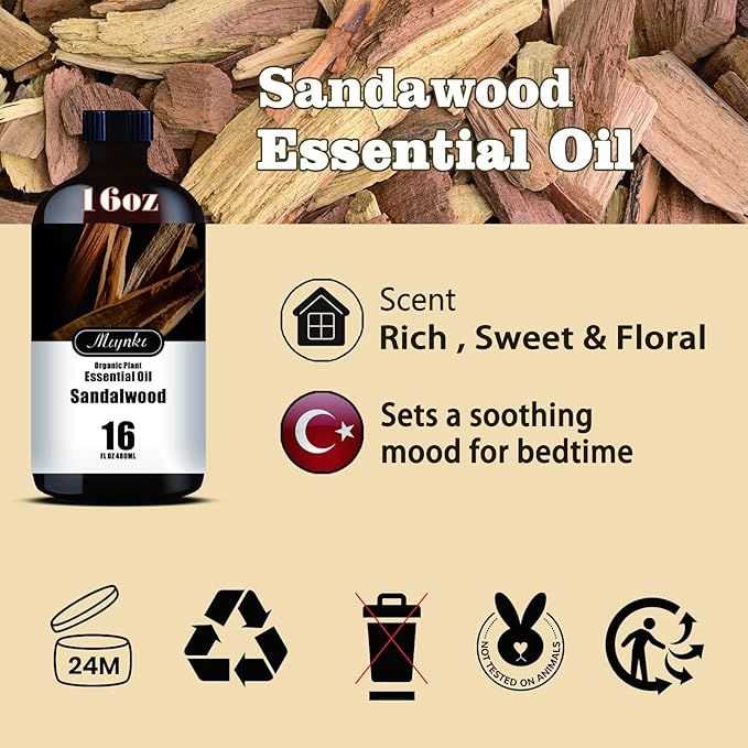 Sandalwood Essential Oil – MLYNKL Sandalwood Oils 16.33 fl oz for Diffusers, Humidifiers, Massage, DIY Candles, Soap, Cleaning, Home, Yoga, Office, Gifts - 490 ml