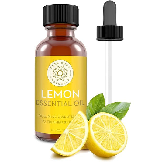 Pure Body Naturals Lemon Essential Oil, 1 fl oz - 100% Pure & Undiluted Lemon Oil for Diffuser and DIY - Natural Deodorizer, Laundry Freshener, Household Cleaner and Degreaser