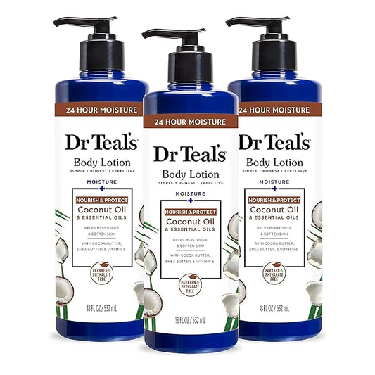 Dr Teal's 24 Hour Moisture+ Body Lotion, Coconut Oil & Essential Oils, 18 fl oz (Pack of 3)