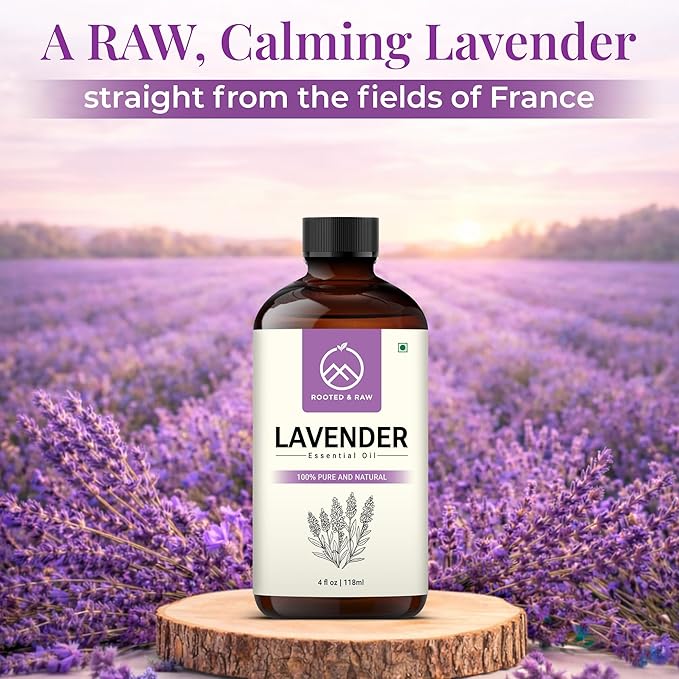 Lavender Essential Oil – 100% Pure Lavender Oil for Diffuser, Aromatherapy, Sleep, Skin & Hair – Large 4 fl oz with Glass Dropper – ROOTED & RAW