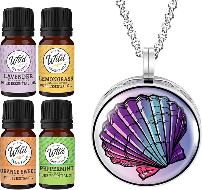 Wild Essentials Seashell Necklace Essential Oil Diffuser Kit with Lavender, Lemongrass, Peppermint, Orange Oils, 8 Refill Pads, Calming Aromatherapy Gift Set, Customizable, Perfume