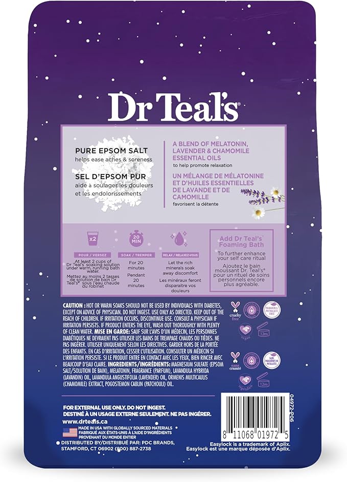 Dr Teal's Epsom Salt Soak, Lavender & Chamomile, 3 lbs | Pack of 2 | Sleep Blend | With Melatonin | Essential Oils