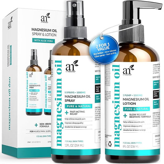 Artnaturals Magnesium Oil Spray 12oz + Body Lotion 8oz Set with Aloe Vera - Pure Topical Magnesium Chloride for Muscle Pain Relief, Sleep Support, Leg Cramps & Relaxation - Fast Absorbing