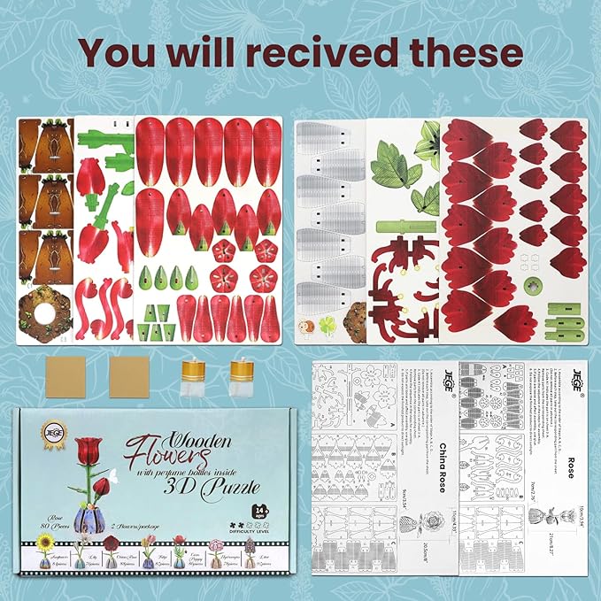 Jege 3D Flowers Wooden Puzzles for Adults, DIY Building Set with 2 Flowers, 2 Perfume Bottles & Diffuser Sticks, Creative Craft Gifts & Home Decor (Rose + China Rose)