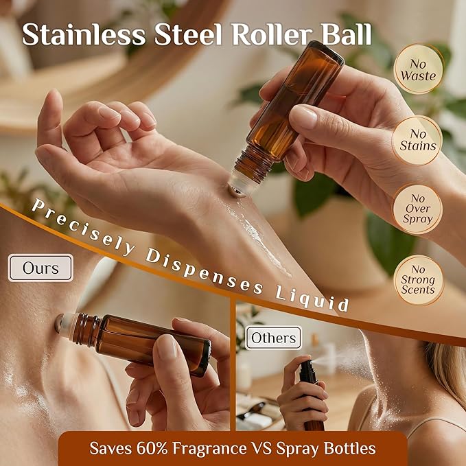 PrettyCare Set of 120, Bulk 10 ml Essential Oil Roller Bottles with Stainless Steel Roller Ball - Refillable Leak-proof Empty Thick Amber Glass Roll on Bottles with Black Caps for Travel, Perfume