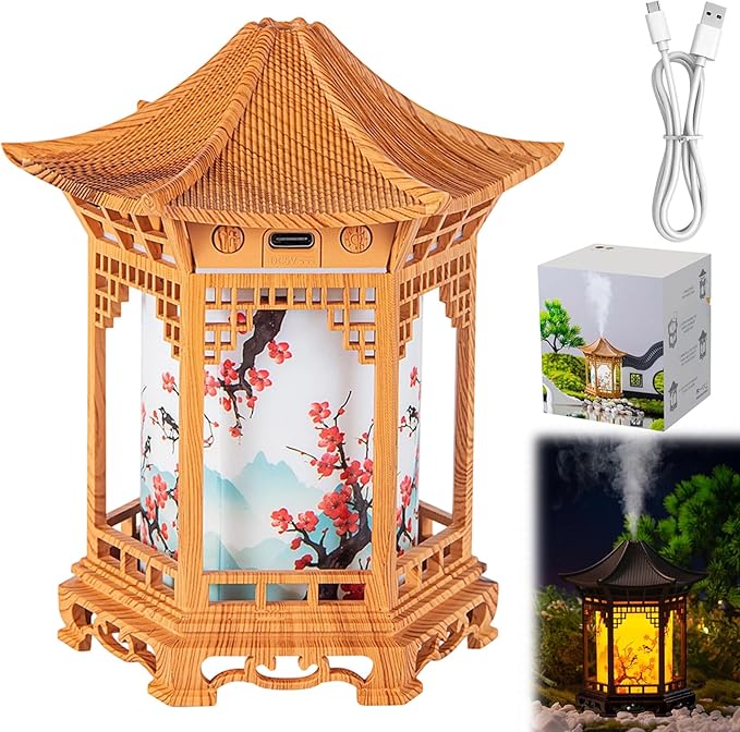 Zen Pavilion Lantern Aroma Diffuser & Night Light, 160ml Essential Oil Diffuser with 2 Mist Modes, USB Direct Charging Japanese Style Zen Garden Humidifier for Meditation, Yoga and Sleep (White)