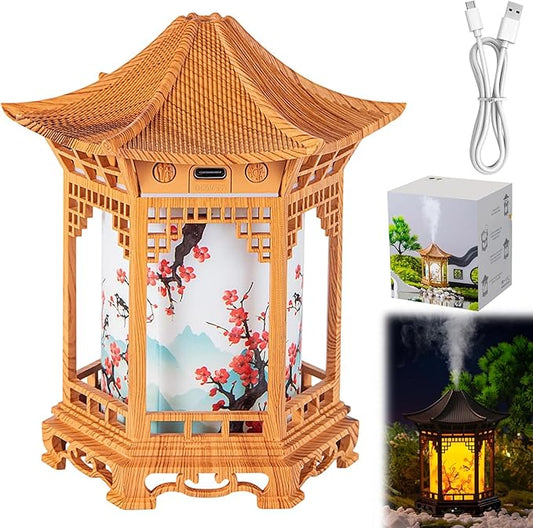 Zen Pavilion Lantern Aroma Diffuser & Night Light, 160ml Essential Oil Diffuser with 2 Mist Modes, USB Direct Charging Japanese Style Zen Garden Humidifier for Meditation, Yoga and Sleep (White)