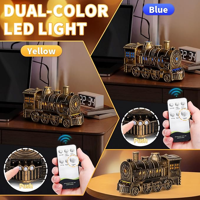 Train Diffusers for Essential Oils with Remote Control, 300ML Creative Lighting Steam Locomotive Humidifier, 2-Color Light & Mist Modes for Bedroom Office