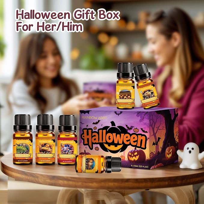 RAINBOW ABBY Fragrance Oil Halloween Set- Fresh Cut Wood, Pumpkin Pie, Campfire Whisper, Candy Land, Peppermint Starlight, and Caramel Crunch Candle Freshie Scents for Candle & Soap Making, 6x10ml