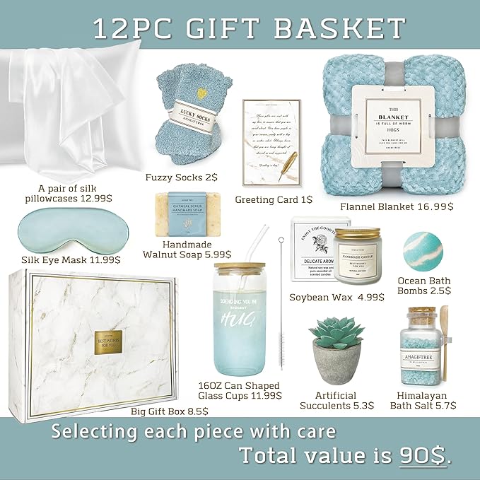 AHAGIFTREE Mother's Day Birthday Gifts Get Well Soon Gift Baskets For Women,12PC Get Well Gifts for Women After Surgery,Care Package,Grief,Sympathy Gifts,Condolences Gift Basket (cerulean)