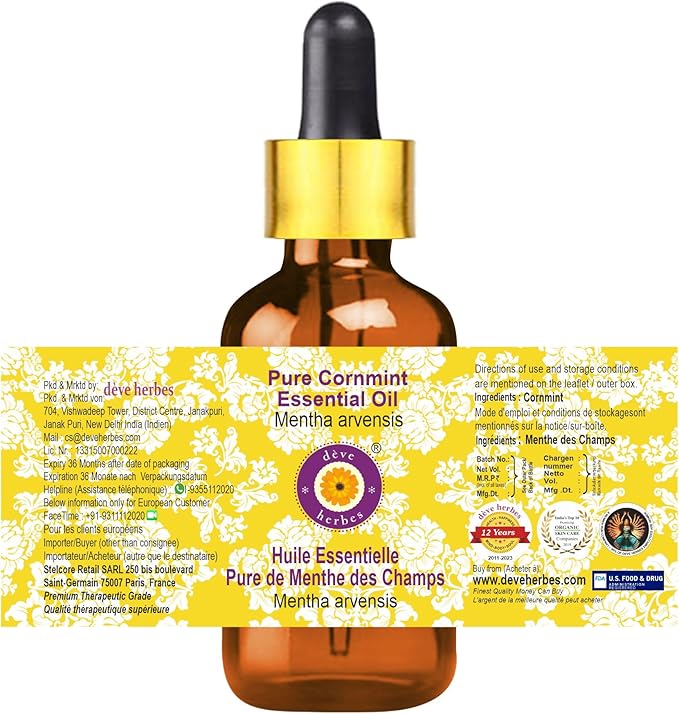 Deve Herbes Pure Cornmint Essential Oil (Mentha arvensis) with Glass Dropper Steam Distilled 50ml (1.69 oz)