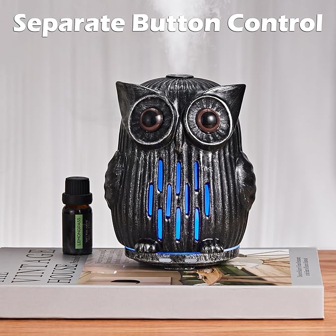 ALIEYE Owl Essential Oils Diffuser Upgraded Design Ceramic Hand-Painted 200ML Quiet Cool Mist Humidifier with Waterless Shut-Off 7 Colors LED Lights & 2 Mist Modes for Bedroom Home Office, Silver