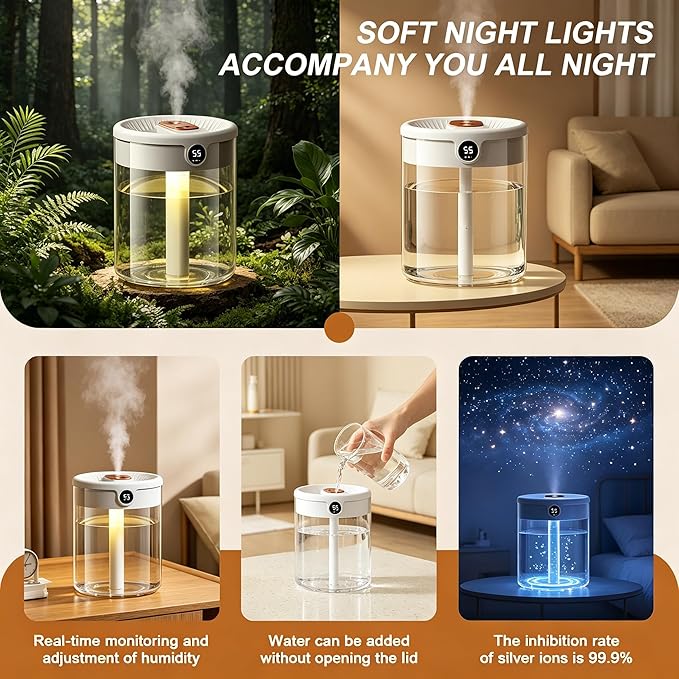 Generic 2L Anti Gravity Humidifier, Smart Bedroom Humidifier With Humidity Display, Anti Gravity Water Drop Cool Mist Diffuser, 3 Modes Dual Spray Mute Humidifier With Night Light. (White)