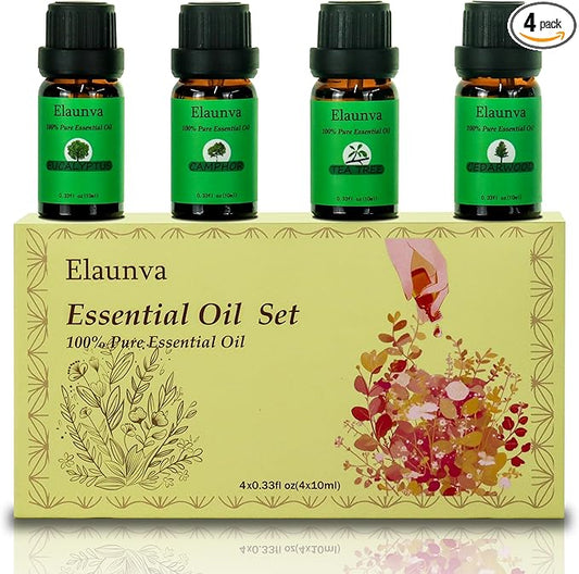 Essential Oils Set,100% Pure Natural,4 Scents(Eucalyptus/Tea Tree/Cedarwood/Camphor),for Aromatherapy and Home Fragrance,Aroma Therapy Oil,Gift for Friends/Family (0.33Fl Oz*4, Tree Set)