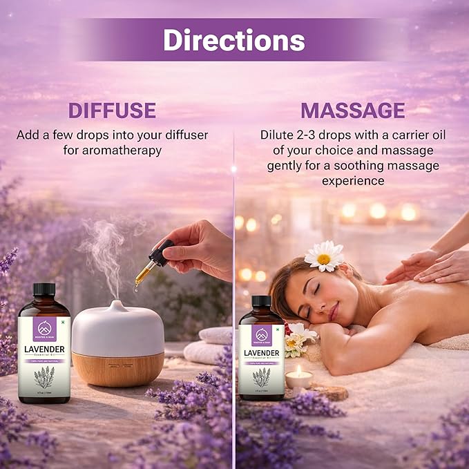Lavender Essential Oil – 100% Pure Lavender Oil for Diffuser, Aromatherapy, Sleep, Skin & Hair – Large 4 fl oz with Glass Dropper – ROOTED & RAW