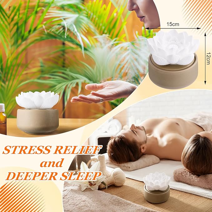Honeydak 1 Pcs Reedless Ceramic Diffuser Set, Porcelain White Flower Aromatherapy Essential Oil Diffuser for Home Office Bathroom Tabletop Decor, Non-Electric, Valentines Day Gift (Lotus)