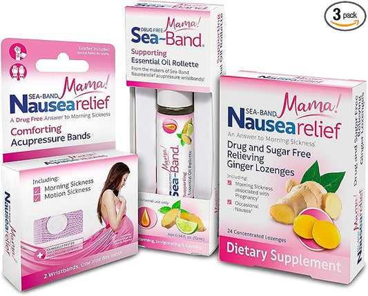 Sea-Band Mama Maternity Kit That Includes: 1 Pair of Maternity Anti Nausea Morning Sickness Bands, Drug-Free Nausea Relief Ginger Lozenges, and an Aromatherapy Calming Rollette with Essential Oils