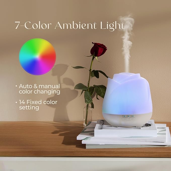 Earnest Living Rose Essential Oil Diffuser 150ml – Mini Ultrasonic Aromatherapy Humidifier for Bedroom & Desk, Quiet Mist, USB Powered, 7-Color Night Light, for Women – Solid White
