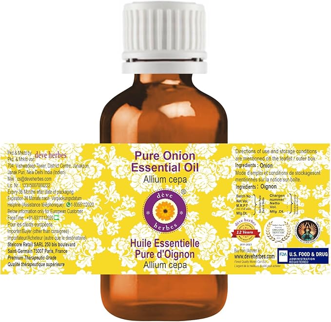 dève herbes Onion Essential Oil (Allium cepa) Pure | Non-Sticky | Non-Greasy | Lightweight | Men & Women | All Skin Types | Steam Distilled 5ml (0.16 oz)