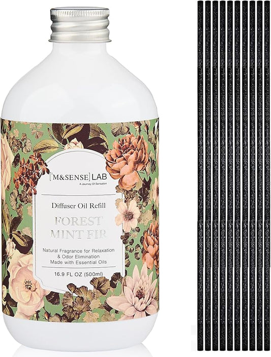 M&SENSE Reed Diffuser Oil Refill, 16.9 Fl Oz with 10 Hollow Reed Sticks, Forest Mint Fir Scent Home Fragrance, Scented Oil Refills, Natural Essential Oils for Diffusers, Décor for Home Spa Office