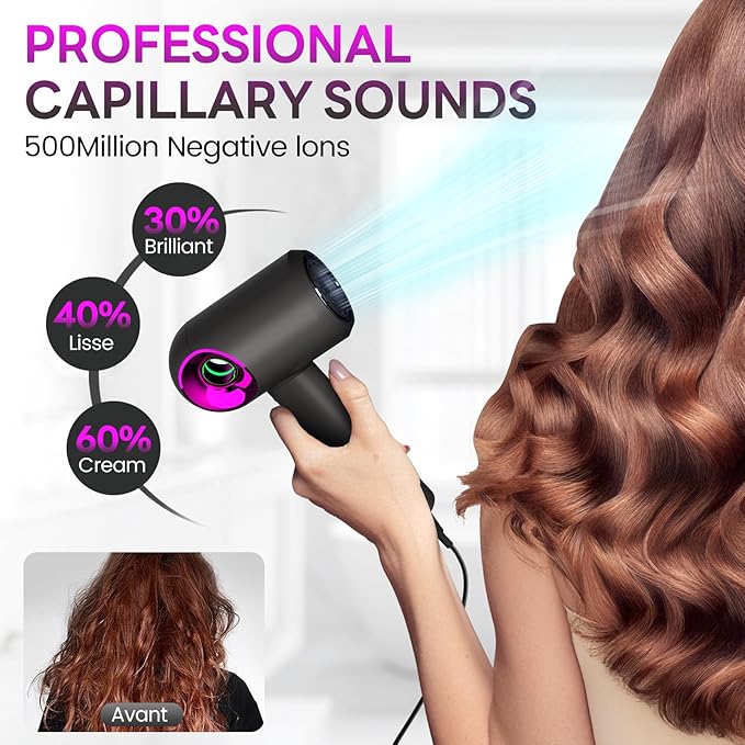 Hair Dryer, High-Speed Ionic Low Noise Blow Dryer with Diffuser for Fast Drying, Professional 504 Millions Negative Ionic Thermo-Control Hairdryer, Travel with Magnetic Diffuser & Nozzle
