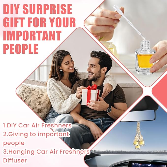 60 Pcs Car Diffuser Bottle Set with Wooden Caps,Dropper and Funnel, Empty Glass Car Air Freshener Bottle Bulk Hanging Essential Oil Fragrance Pendants for Car Decor，Can DIY Car Air Freshners Diffuser
