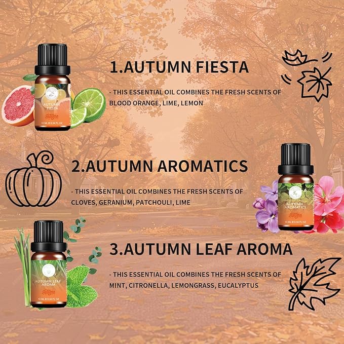 Fall Essential Oils Set - Pure Plant Extracts, Oil Diffuser Essential Oils, Essential Oils for Diffusers for Home, Includes Citrus Burst, Freshness, Cozy Reunion, Fiesta, Leaf Aroma, Aromatic