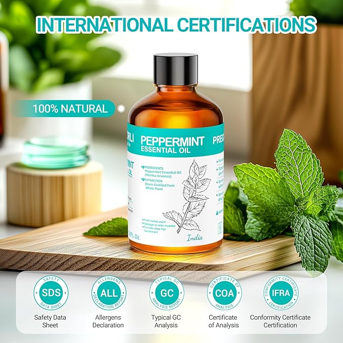 Peppermint Oil 3.38 fl oz Christmas Gift for Women Men Peppermint Essential Oil 100% Natural for Hair, Skin, Diffuser, Massage, Cleaning, Candle Making and Soap Making