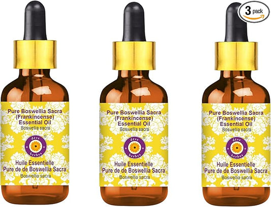 Deve Herbes Pure Boswellia Sacra (Frankincense) Essential Oil (Boswellia Sacra) with Glass Dropper Steam Distilled 100ml X 3 (10 oz)