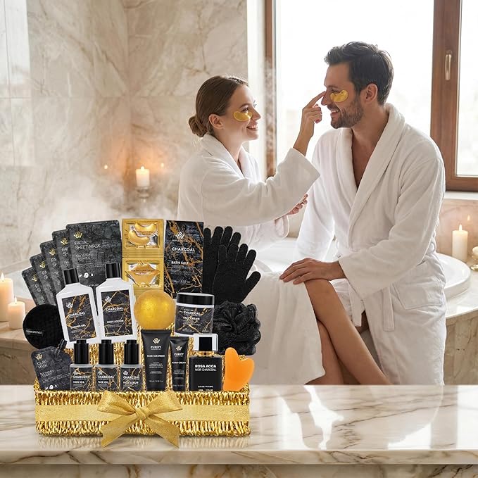 32 Pcs Mother's Day Gift for Mom, Charcoal Bath & Body Gift Basket Set for Women & Men, Hydrating Face Skin Care Set, Self-Care Relaxation Gift,Birthday, Christmas, Anniversary, Wife