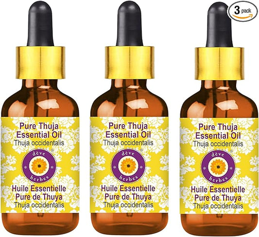 Deve Herbes Pure Thuja Essential Oil (Thuja occidentalis) with Glass Dropper Steam Distilled (Pack of Three) 100ml X 3 (10 oz)