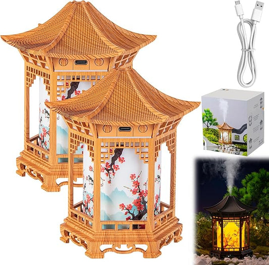 Zen Pavilion Lantern Aroma Diffuser & Night Light, 160ml Essential Oil Diffuser with 2 Mist Modes, USB Direct Charging Japanese Style Zen Garden Humidifier for Meditation, Yoga and Sleep (2pcs White)