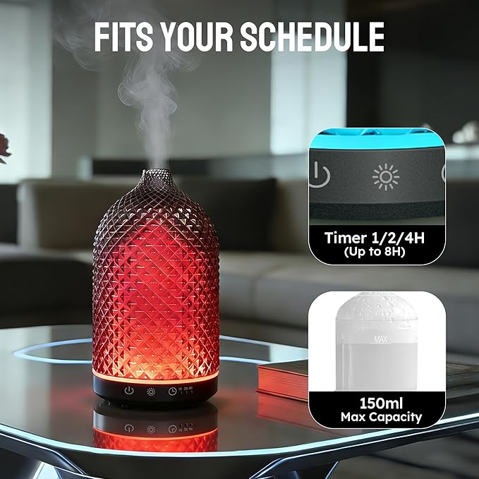 Essential Oil Diffuser 150ml,Glass Aromatherapy Diffuser with Ultrasonic Cool Mist, 7 Color LED Lights, 1/2/4H Timer, Quiet Auto Shut-Off Oil Diffuser for Bedroom, Home, Office (Black)