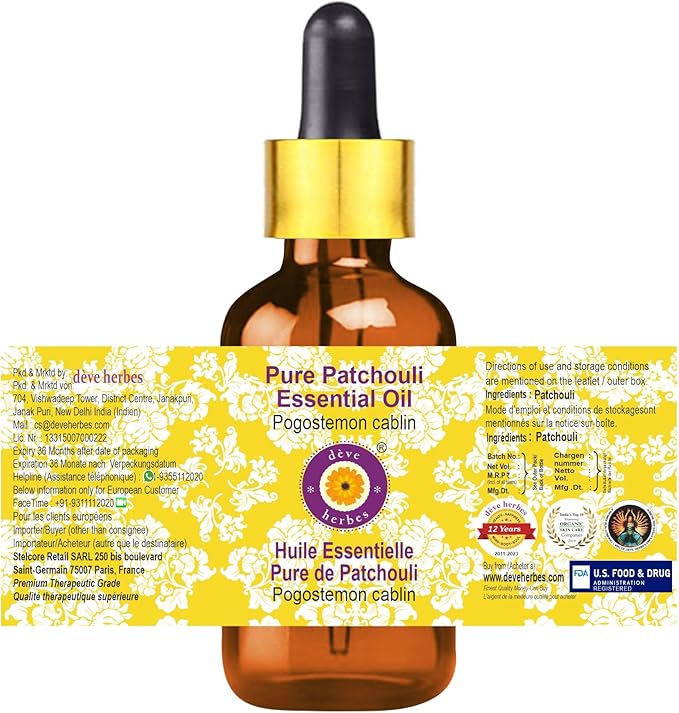 Deve Herbes Pure Patchouli Essential Oil (Pogostemon cablin) with Glass Dropper Steam Distilled (Pack of Two) 100ml X 2 (6.76 oz)