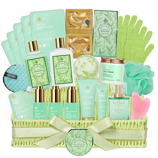 Mothers Day Gifts Basket for Mom, 32 Pcs Tea Tree Spa Gift Basket for Women & Men, Hydrating Face Skin Care Kit, Bath & Body Gift Basket Set, Self-Care Gift Set, Birthday, Anniversary