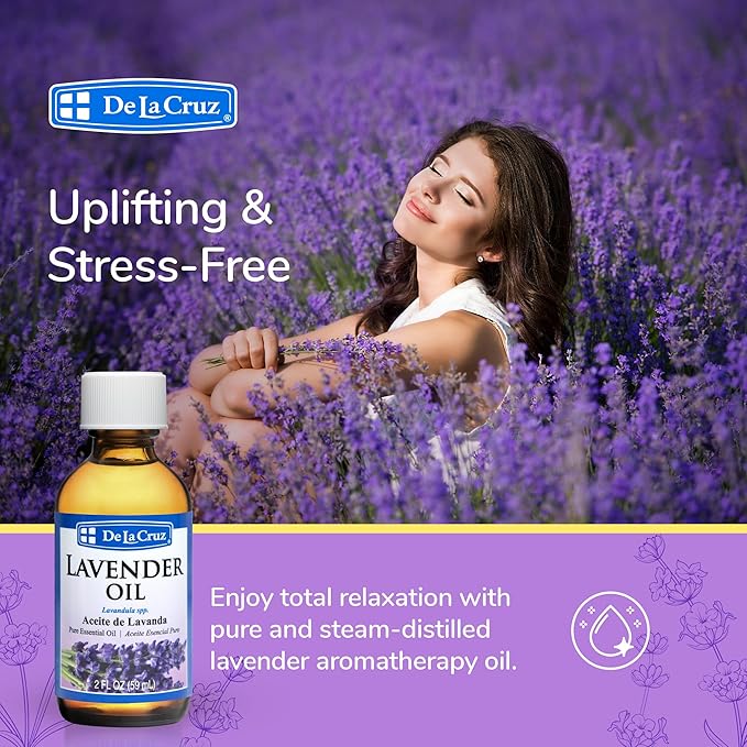 De La Cruz Lavender Essential Oil Steam-Distilled - 100% Pure Lavender Oil for Aromatherapy 2 FL. OZ. (6 Bottles)