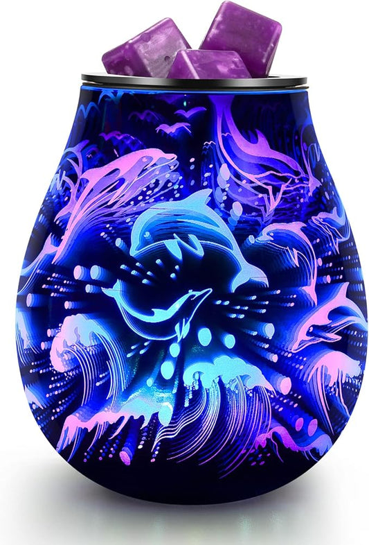 inrorans Glass Electric Wax Melt Warmer Oil Burner with Stable Heating PTC Reusable Silicone Tray 7 Colorful Changing Led Light Night Light Scent Warmer for Home Fragrance Warmers-Dolphin