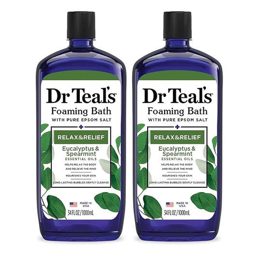 Dr Teal's Foaming Bath with Pure Epsom Salt,Relax & Relief with Eucalyptus & Spearmint,34 fl oz,2 Count (Pack of 6)